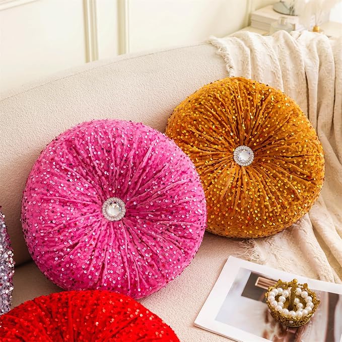 Round Throw Pillow, 13.7" Soft Glitter Sequin Pleated Pumpkin Decorative Round - Image 5