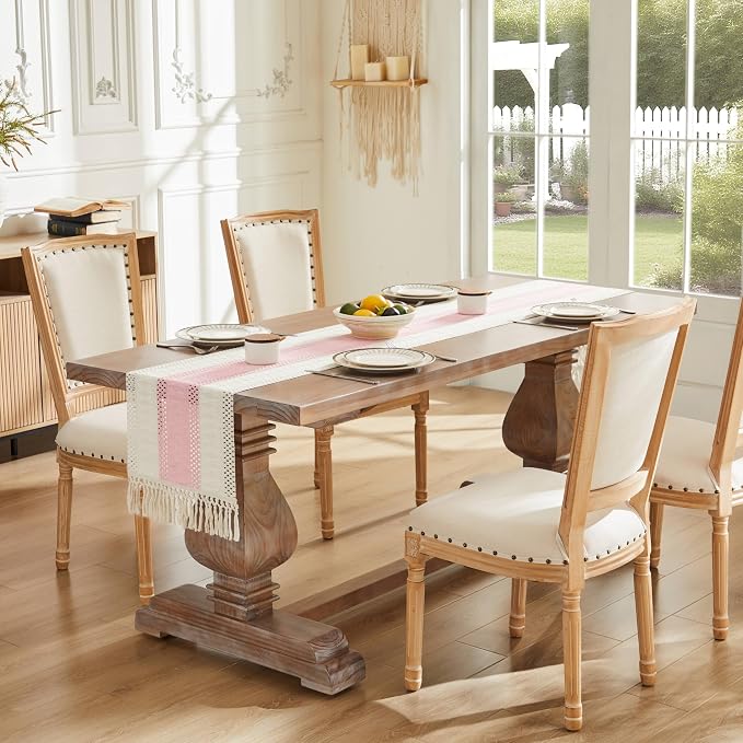 ZeeMart Macrame Style Bicolor Stitching Table Runner, 14 x 60 Inch Light - Image 2