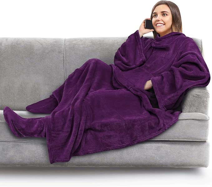 PAVILIA Fleece Blanket with Sleeves, Foot Pockets by PAVILIA
