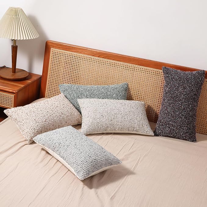Striped Throw Pillow Covers 12x20 Set of 2 Cream Grey Textured Boucle Chic - Image 8