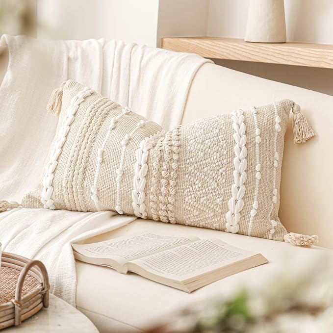 BlissBlush Decorative Lumbar Pillow Cover 14x24, Cream White Boho Accent Throw by BlissBlush