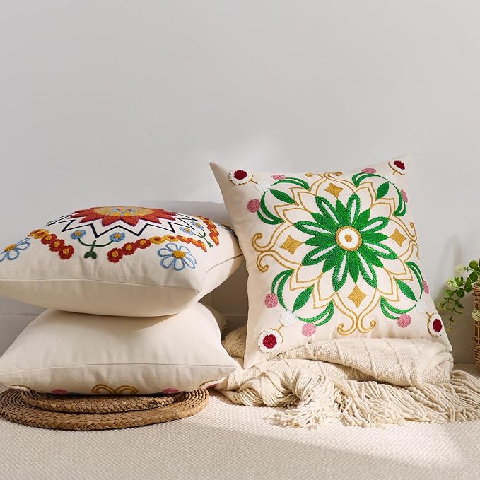 Embroidered Throw Pillow Cover 22x22 Classic Boho Floral Pattern Pillows Cover - Image 6