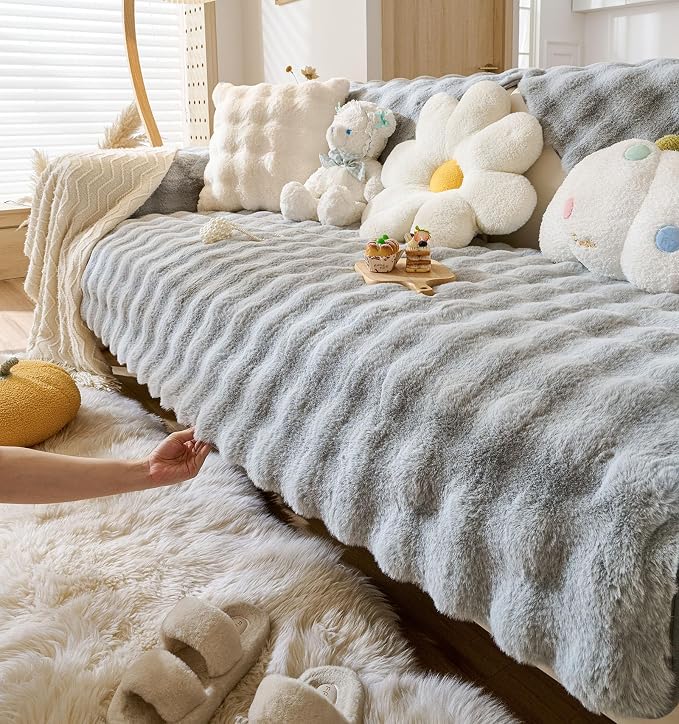 Faux Fur Couch Cover Fuzzy Soft Plush Thick Bubble Sofa Cover Luxury Sectional - Image 5