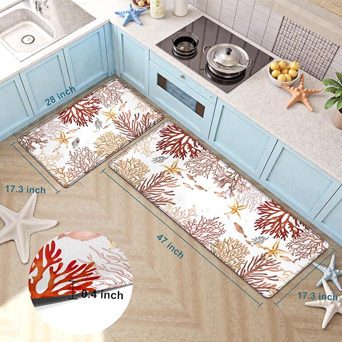Kitchen Mats for Floor Cushioned Anti Fatigue Sets of 2 Coastal Kitchen Rugs - Image 2