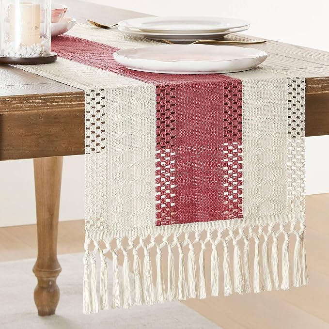 ZeeMart Macrame Style Bicolor Stitching Table Runner, 14 x 60 Inch Dusty by ZEEMARTONLINE