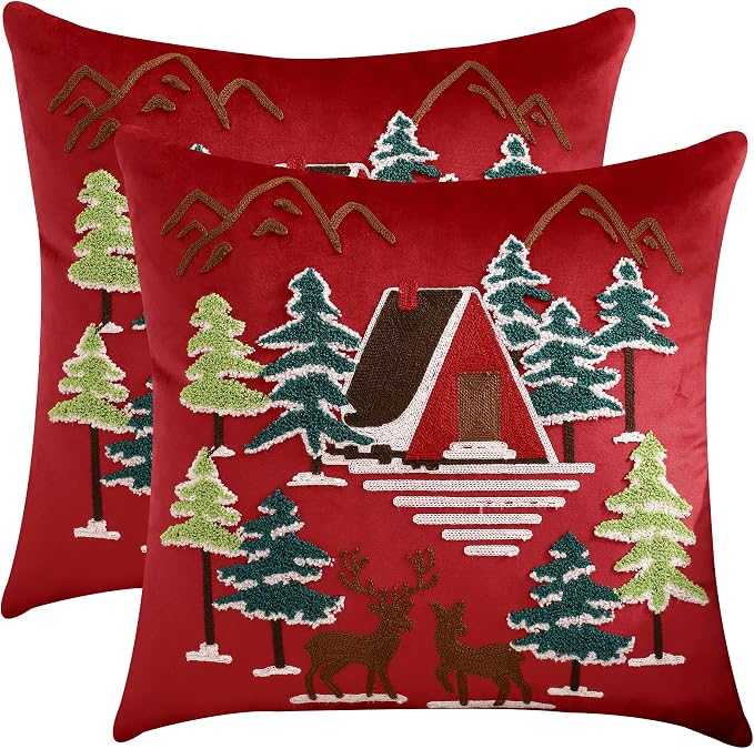 LUOYEHK Red Christmas Pillow Covers 18x18 Set of 2 House and Deer Decorative by LUOYEHK