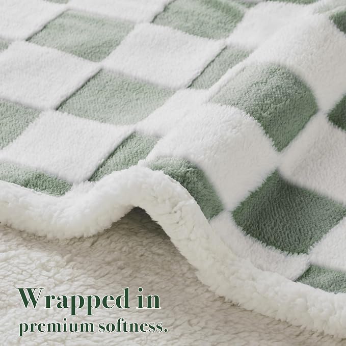Checkered Dog Blanket, Sage Green Jacquard Sherpa Blankets - Image 3