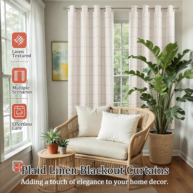 Grey Plaid Linen Blackout Curtains - Image 2