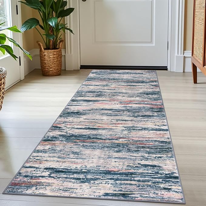 2x5 Modern Abstract Runner Rug for Hallway, Teal Blue Peach Gray Multi Super by SiiloomRug