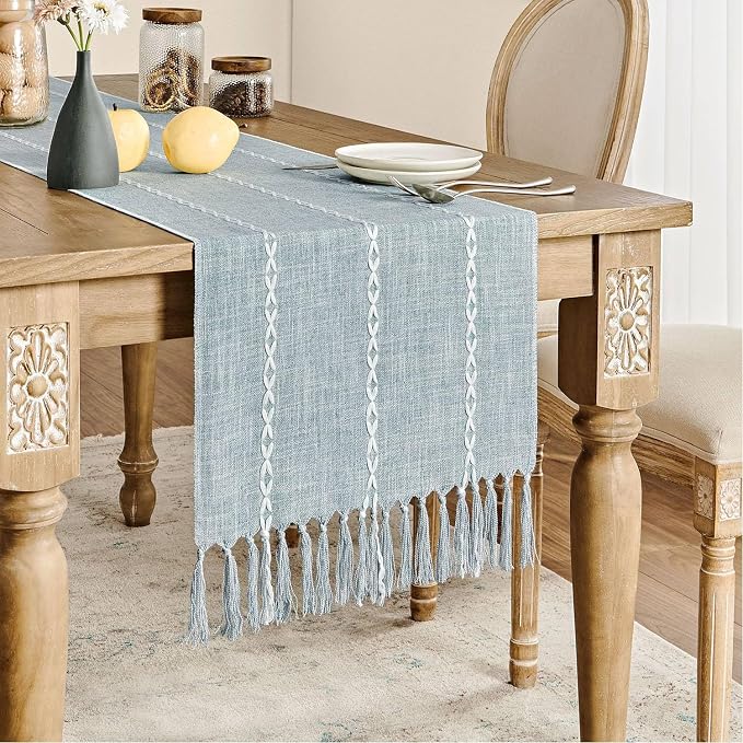 ZeeMart Farmhouse Braided Striped Table Runner, Rustic Blue Table Runners 108 - Image 2