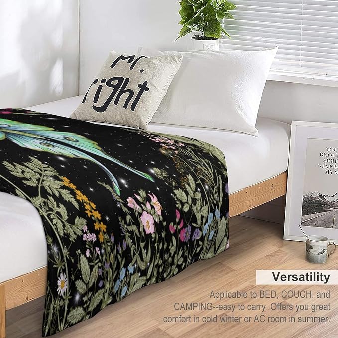 Moth Floral Flannel Blanket, Gothic Witchy Moon Phase Botanical Vintage - Image 5