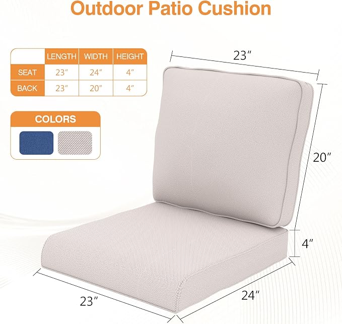 Outdoor Chair Cushions 23" x 24" x 4", Patio Deep Seat Replacement Cushions Set - Image 12
