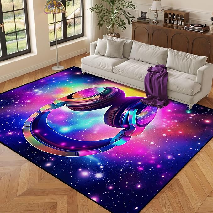 Galaxy Game Area Rug Music Headphone Rugs Colorful Throw Rug Non-Slip Carpet - Image 9