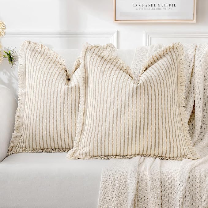 MIULEE Pack of 2 Khaki Pillow Covers 24x24 Inch Striped Farmhouse Couch Throw by MIULEE