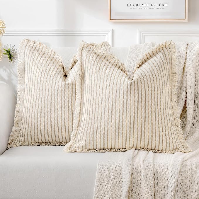 MIULEE Pack of 2 Khaki Pillow Covers 26x26 Inch Striped Farmhouse Couch Throw by MIULEE