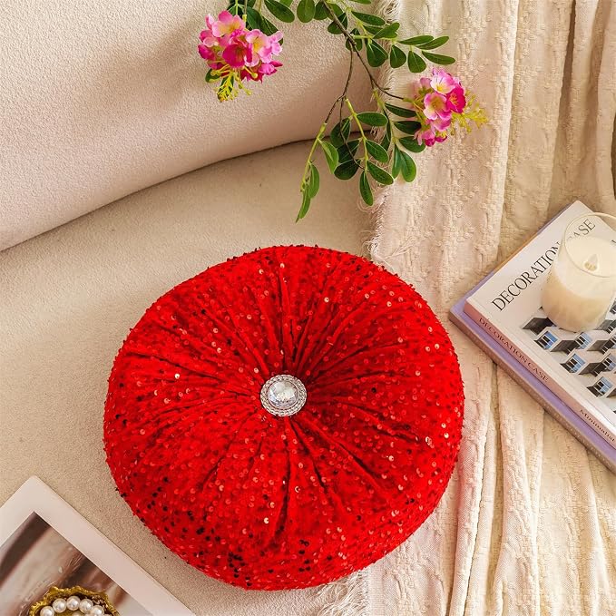 Round Throw Pillow, 13.7in Soft Solid Color Sequin Glitter Decorative Round - Image 2