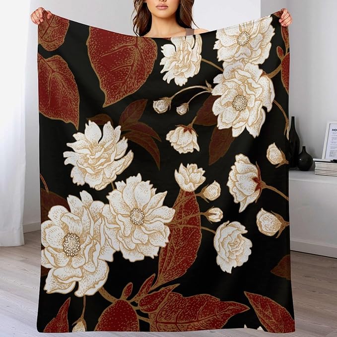 Red Gold Floral Blanket, Boho Dark Flower Leaves Chinese Plum Blossoms - Image 8