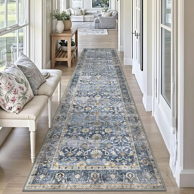 KUTA Vintage Washable Runner Rug, 2.6x10 Blue Grey Beige Runners - Image 3