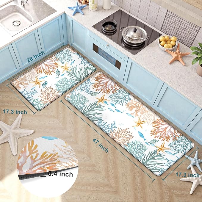 Kitchen Mats for Floor Cushioned Anti Fatigue Sets of 2 Coastal Kitchen Rugs - Image 2