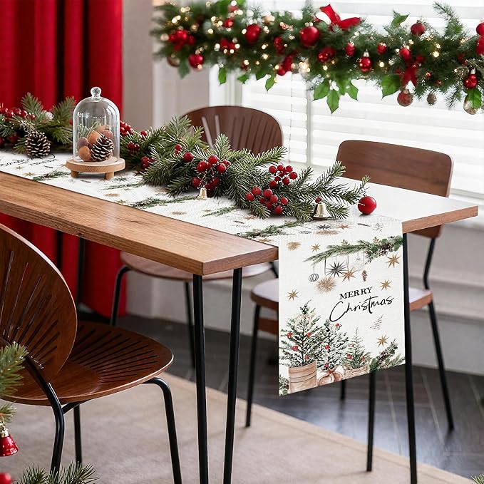 OTOSTAR Xmas Trees Holly Pine Cone Merry Christmas Table Runner, Xmas Seasonal - Image 8