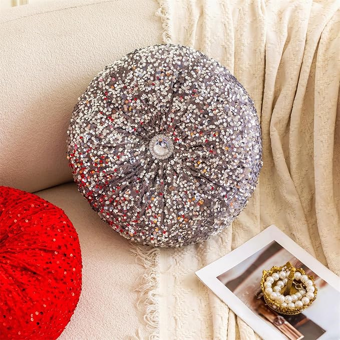 Round Throw Pillow, 13.7" Soft Glitter Sequin Pleated Pumpkin Decorative Round - Image 6
