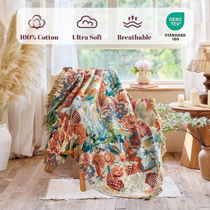 MSGKV Boho Throw Blanket for Bed Twin Size 100% Cotton Floral Blanket 60"x80" - Image 2
