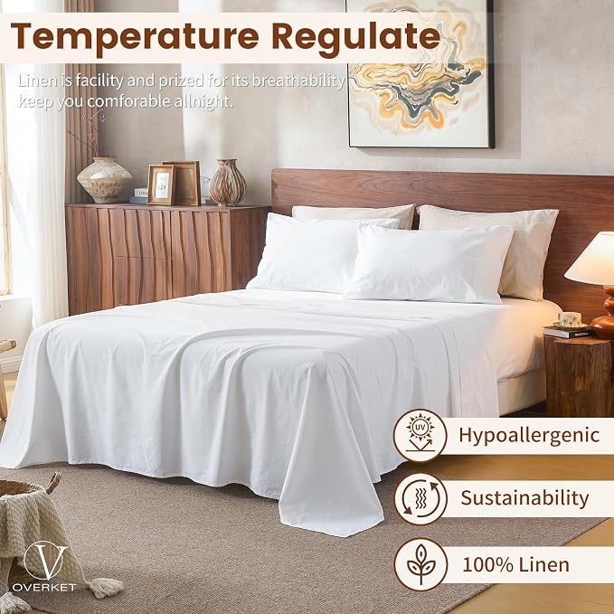 100% Linen Sheets California King Size, Breathable & Durable 4-Piece Bed Flax - Image 5