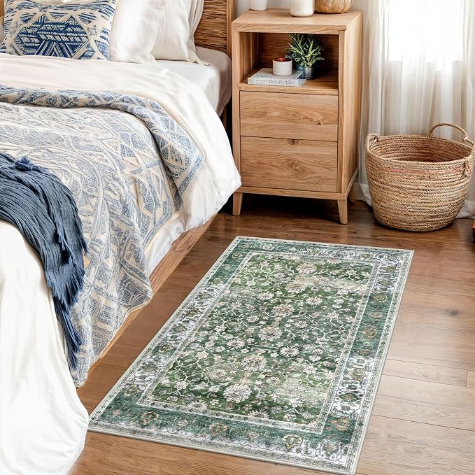 KUTA Vintage Floral Green Entryway Rug 2x3, Kitchen Rugs Non-Slip Washable - Image 3