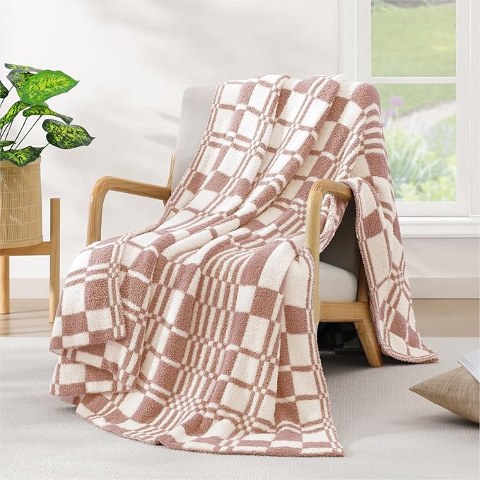 WRENSONGE Checkered Throw Blanket Clay Pink Soft Cozy Fluffy Warm Hand Made by WRENSONGE