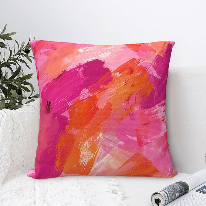 Abstract Pink and Orange Brush Aesthetic Throw Pillow Covers 18x18 inches Cozy - Image 3