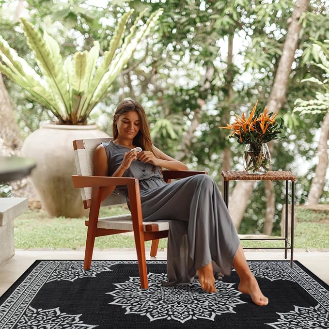 CAMILSON Indoor Outdoor Rug, 10x14 Medallion Black White Modern Area Rugs - Image 5