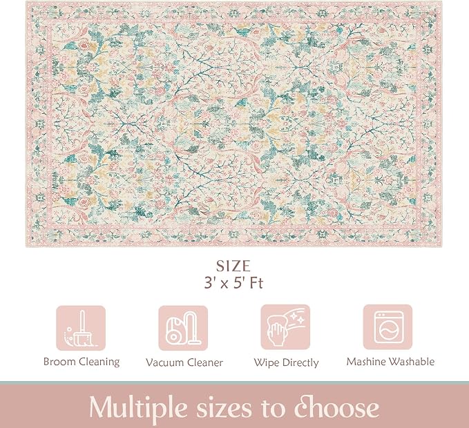 MUJOO 3x5 Pink Rug Washable, Floral Area Rug - Image 2