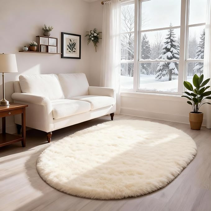Ophanie 4x6 Oval Ivory Rugs for Bedroom Living Room, Fluffy Fuzzy Furry Carpet - Image 6