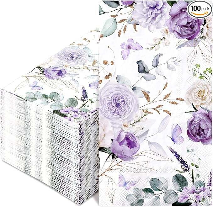 100Pcs Floral Guest Napkins Watercolor Purple Flower Butterfly Disposable by Unknown