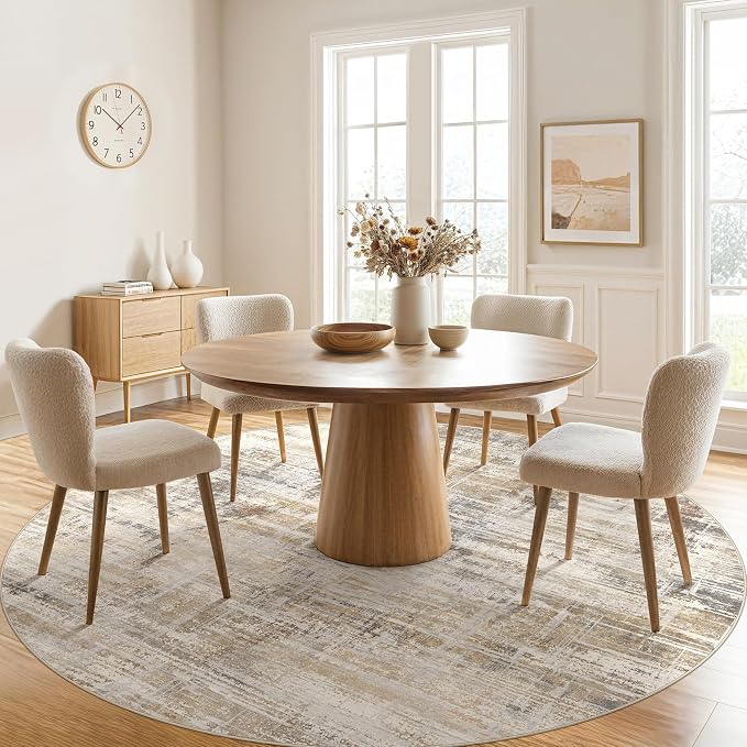 8ft Round Area Rug for Living Room: 8x8 Washable Neutral Abstract Modern Soft - Image 3