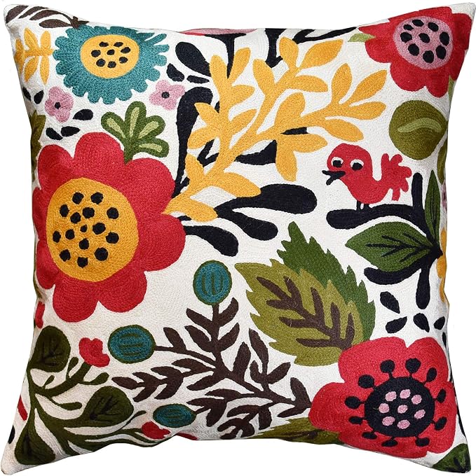 Red Polish Floral Pillow Cover Bird Flower Pillowcase Floral Outdoor Suzani by Kashmir+Designs