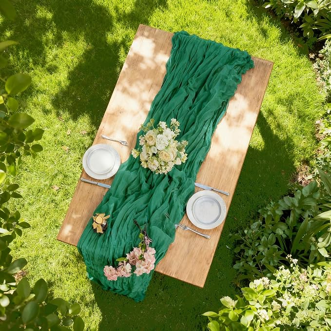 BALCONY & FALCON Emerald Green Cheesecloth Table Runner 10FT 120 Inch Rustic & - Image 4