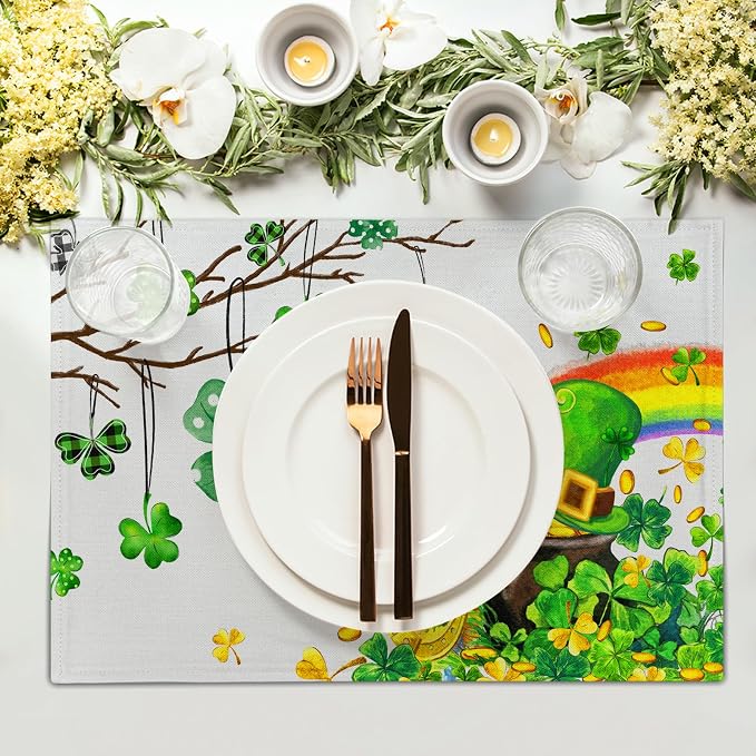 Giwawa St Patricks Day Placemats Set of 4-12"x18" Lucky Clover Tree Elf Hat - Image 3