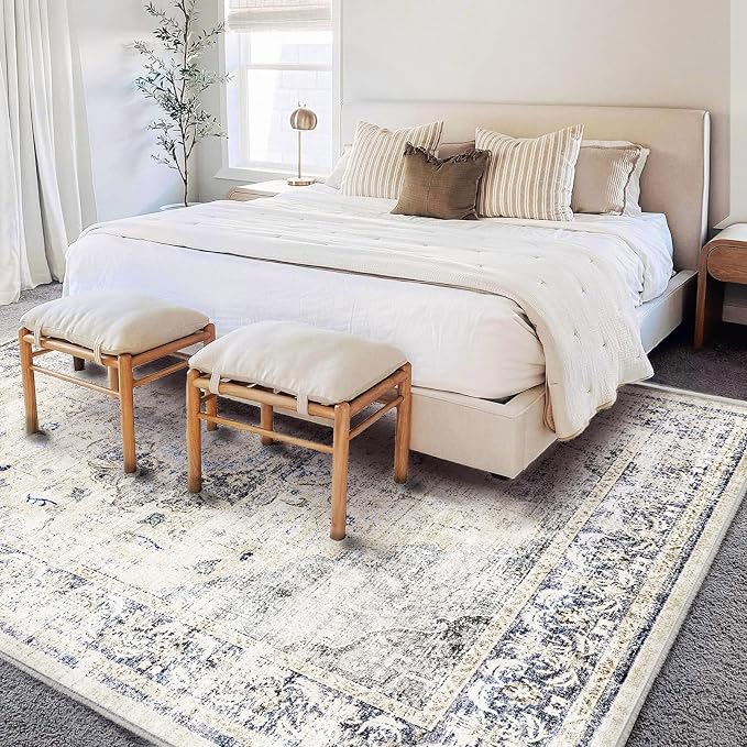 Washable Area Rug 8'x10' Floral Blue Boho Design Non-Shedding Non-Slip Easy - Image 2