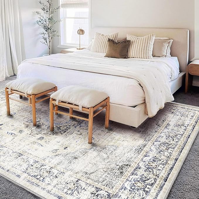 Washable Area Rug 9'x12' Floral Blue Boho Design Non-Shedding Easy Care Ideal - Image 2