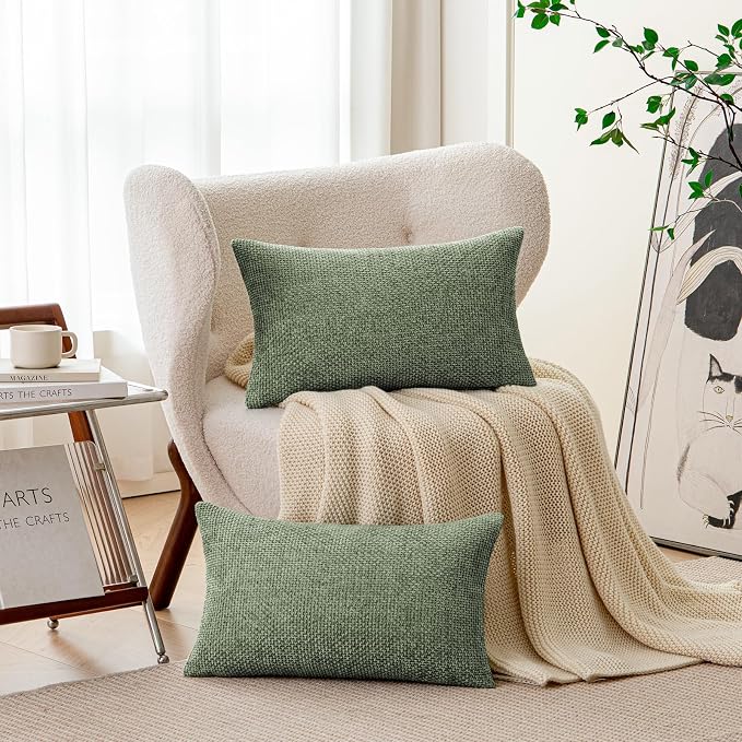 a moment Moss Green Chenille Throw Pillow Covers 12x20 Inch Pack of 2 Modern - Image 2
