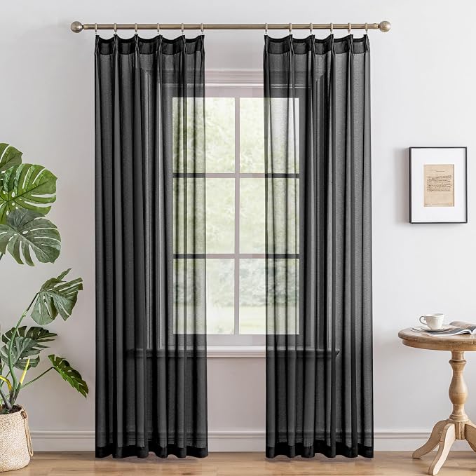 MAIHER Black Pleated Sheer Curtains 90 Inch Length by MAIHER