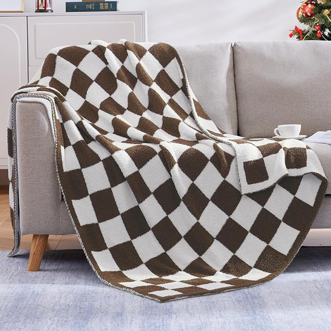 WRENSONGE Checkered Throw Blanket, Coffee Soft Cozy Fluffy Warm Hand Made Throw by WRENSONGE