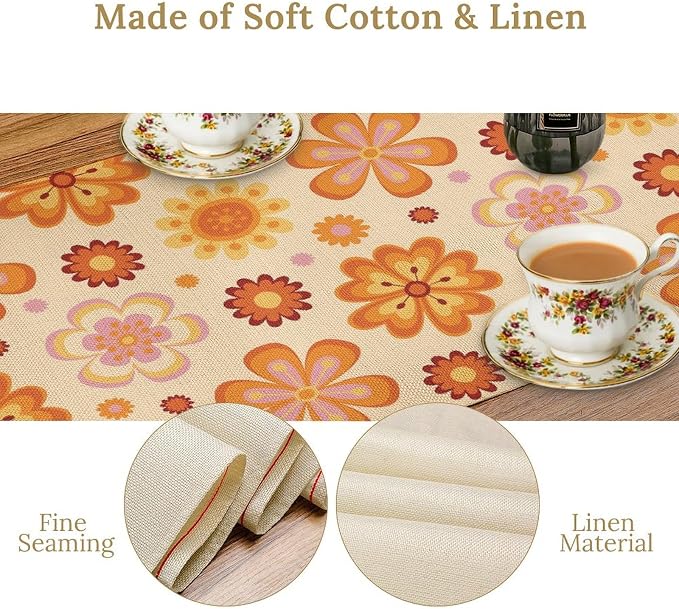 Vintage FloralTable Runner 1970s Cartoon Daisy Colorful Retro Pink Yellow Set - Image 4