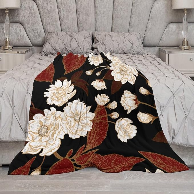 Red Gold Floral Blanket, Boho Dark Flower Leaves Chinese Plum Blossoms - Image 7