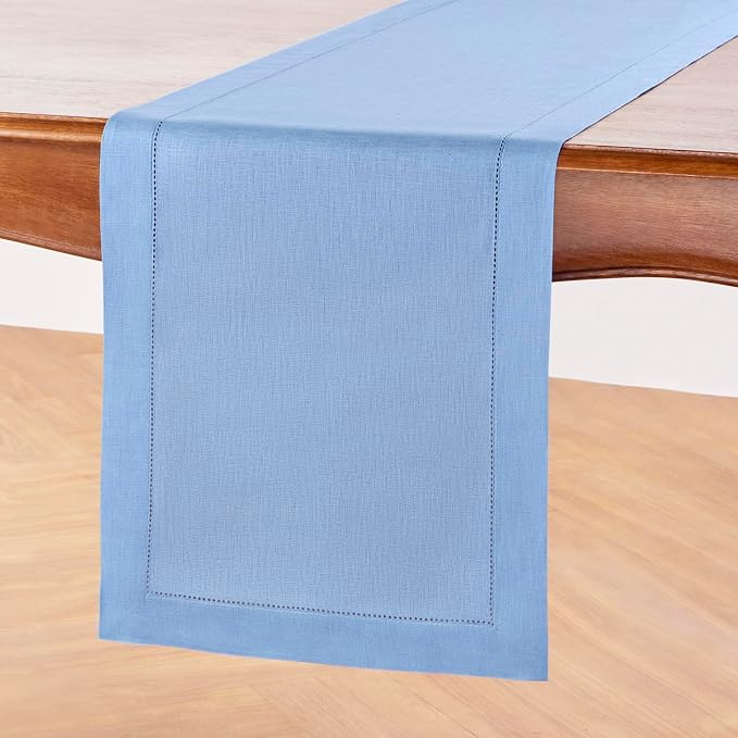Solino Home Linen Cornflower Blue Hemstitch Table Runner 60 Inches - Image 2