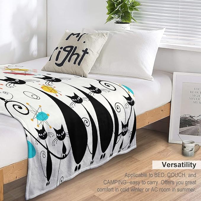Mid Century Modern Throw Blanket, Atomic Black Cat Starbursts Iconic Sputnik - Image 5