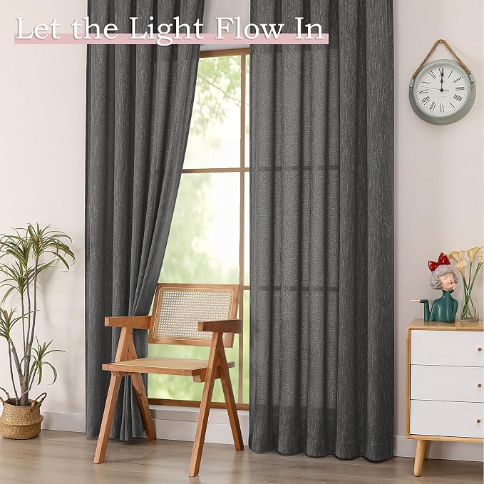 Simplebrand Grey Semi Sheer Faux Linen Textured Curtains 54 Inch Length 2 - Image 4