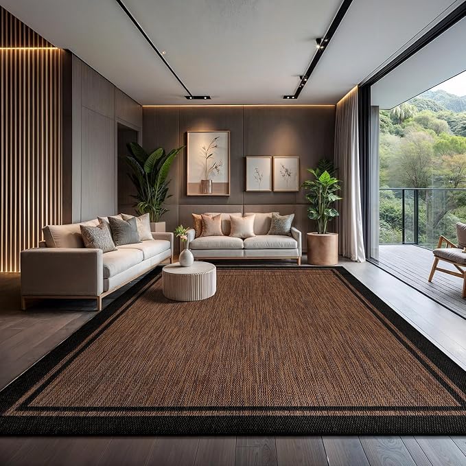 CAMILSON Indoor Outdoor Rug, 9x12 Bordered Nut Brown Black Modern Area Rugs - Image 6