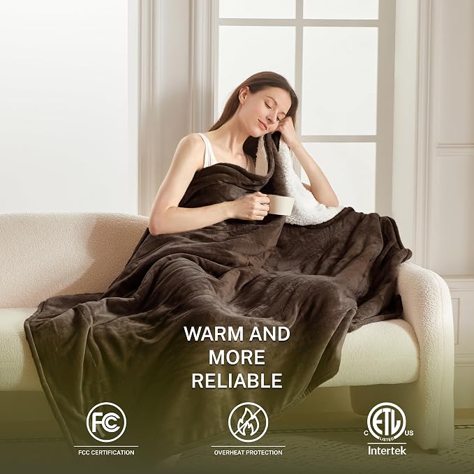 Heat Blanket 50”x60” Throw, Soft Flannel & Sherpa Reversible Electric Blanket - Image 2